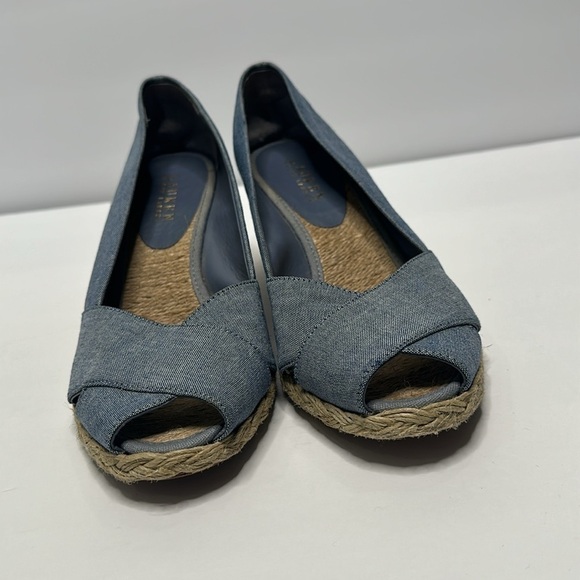 Lauren Ralph Lauren Canvas Chambray Blue Espadrilles Peep Toe Cecilia Wedges 9 - Picture 4 of 10